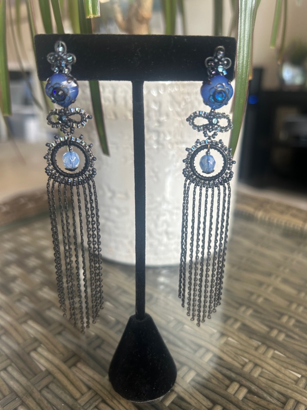 Blue Crystal Tassel Drop Earrings with Black Metal Finish